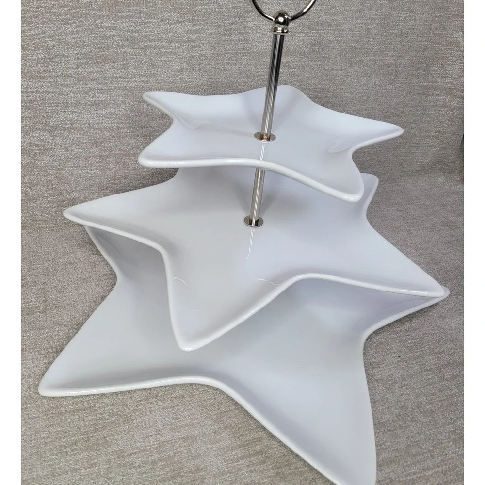 Pottery Barn Three Tier White Star Plate Stand Dessert Tea Tray 14